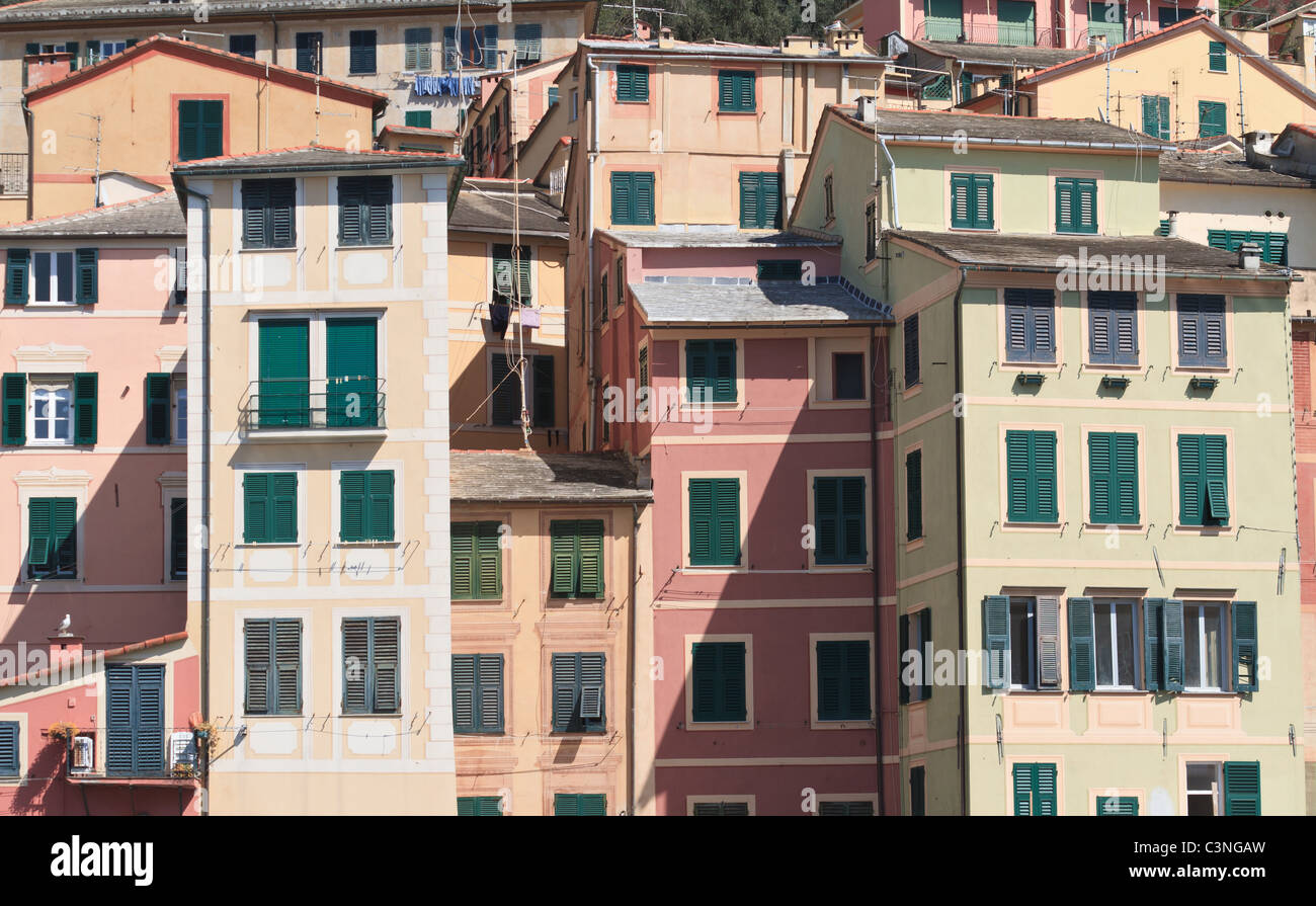 typical painted homes in Camogli, small town in Liguria, Italy Stock Photo