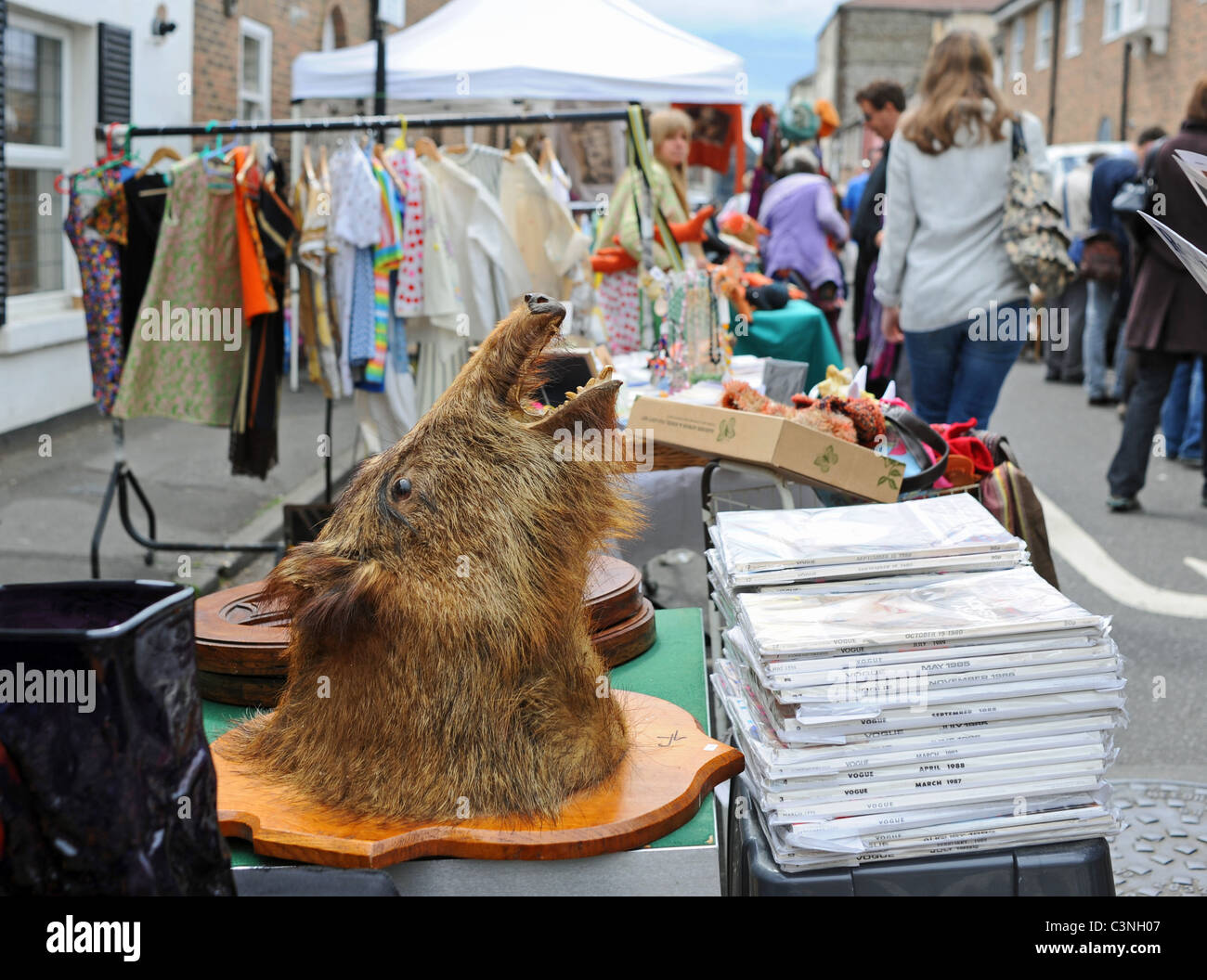 Brighton street market in city centre UK with mounted boars head for sale Stock Photo