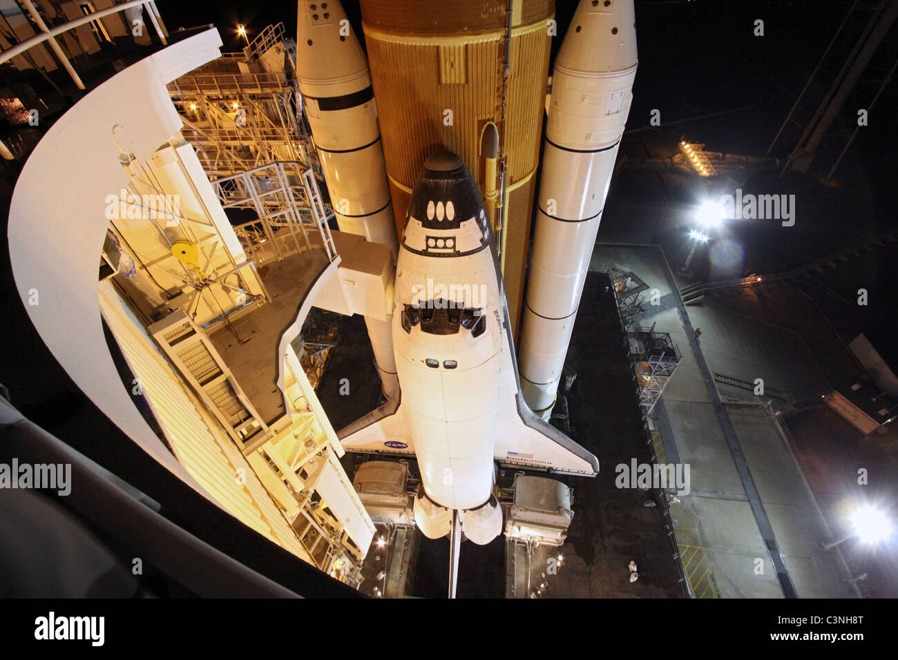Space shuttle Endeavour on the launch pad at Kennedy Space Center, FL Stock Photo