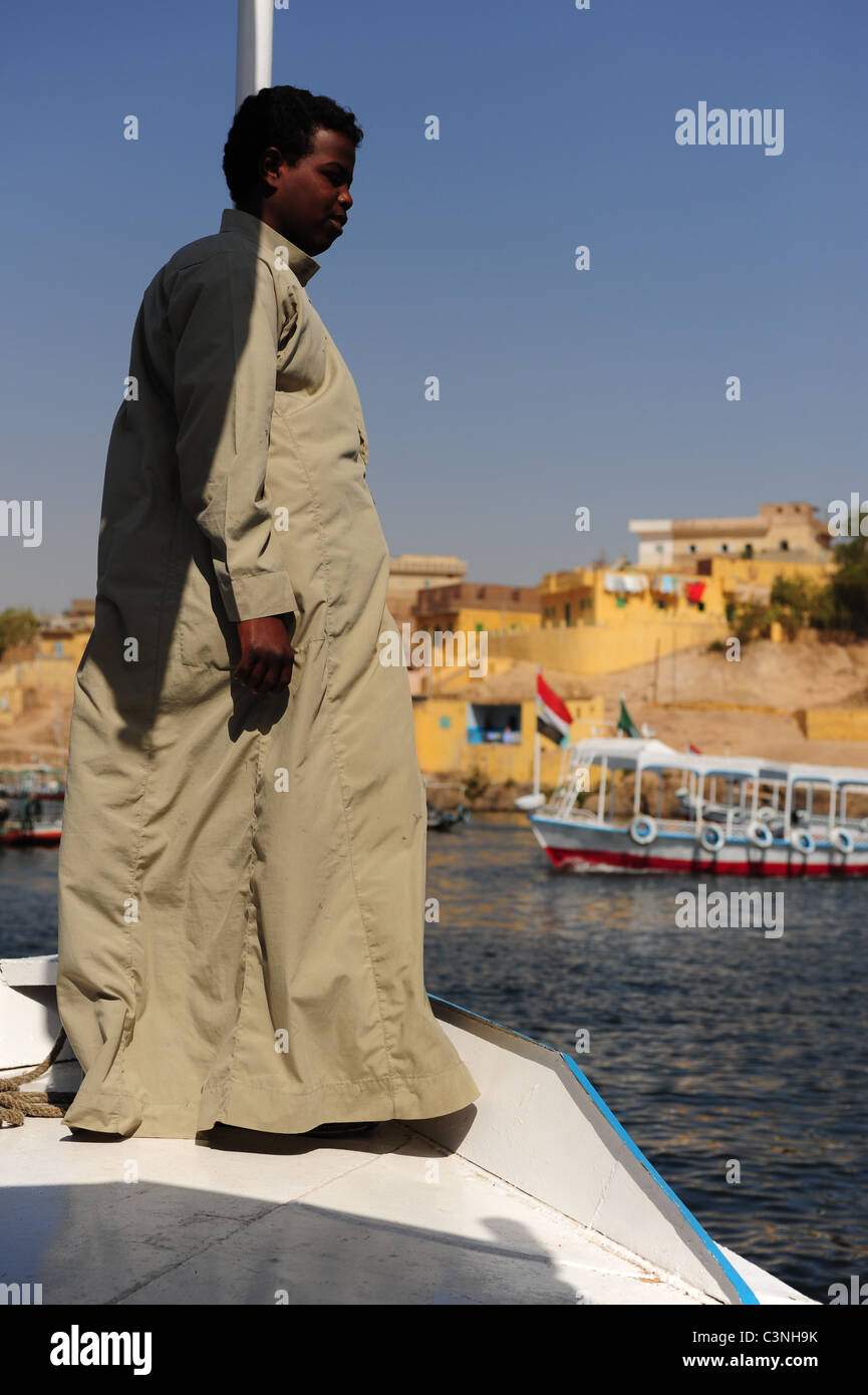 Egypt Egyptian middle eastern man on a boat bow on the Nile River Stock Photo