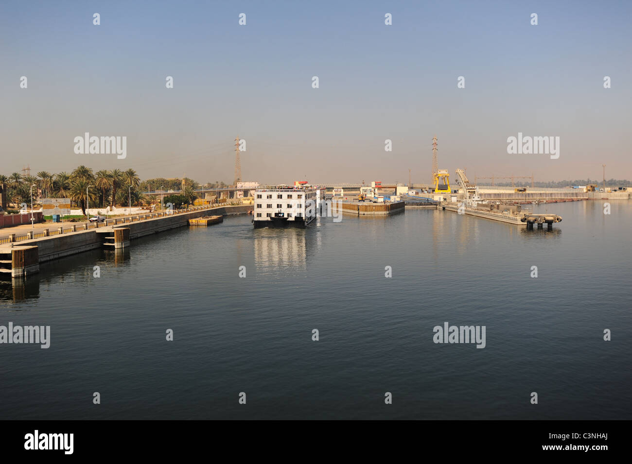 Africa Middle East Egypt Egyptian ship going through the Aswan Dam locks on the Nile River Stock Photo