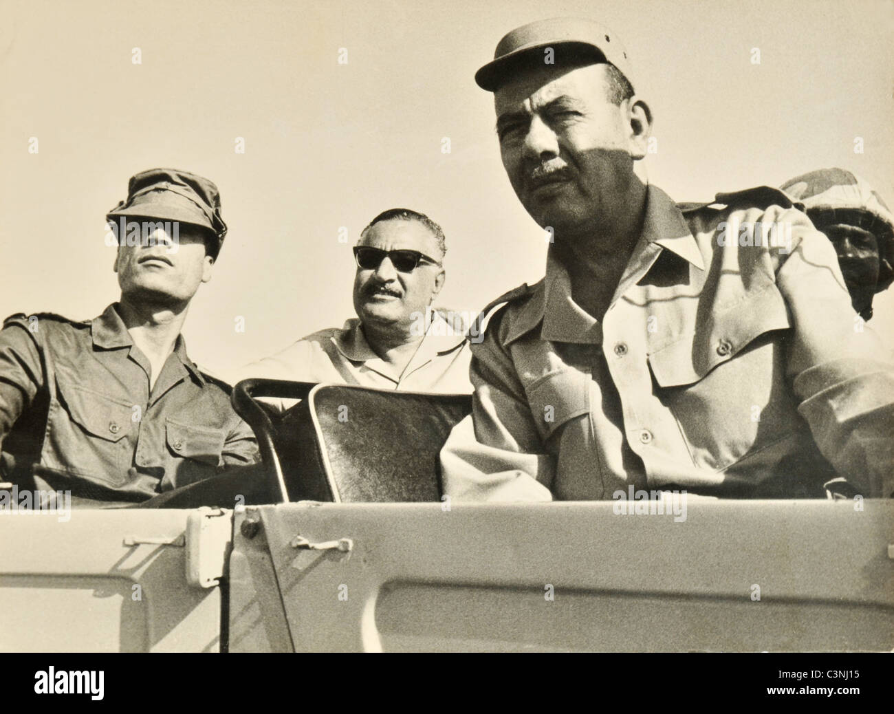 Egyptian President Gamal Abdel Nasser and Libyan Leader Colonel Muammar Gaddafi with the Egyptian Armed Forces in 1970. Stock Photo