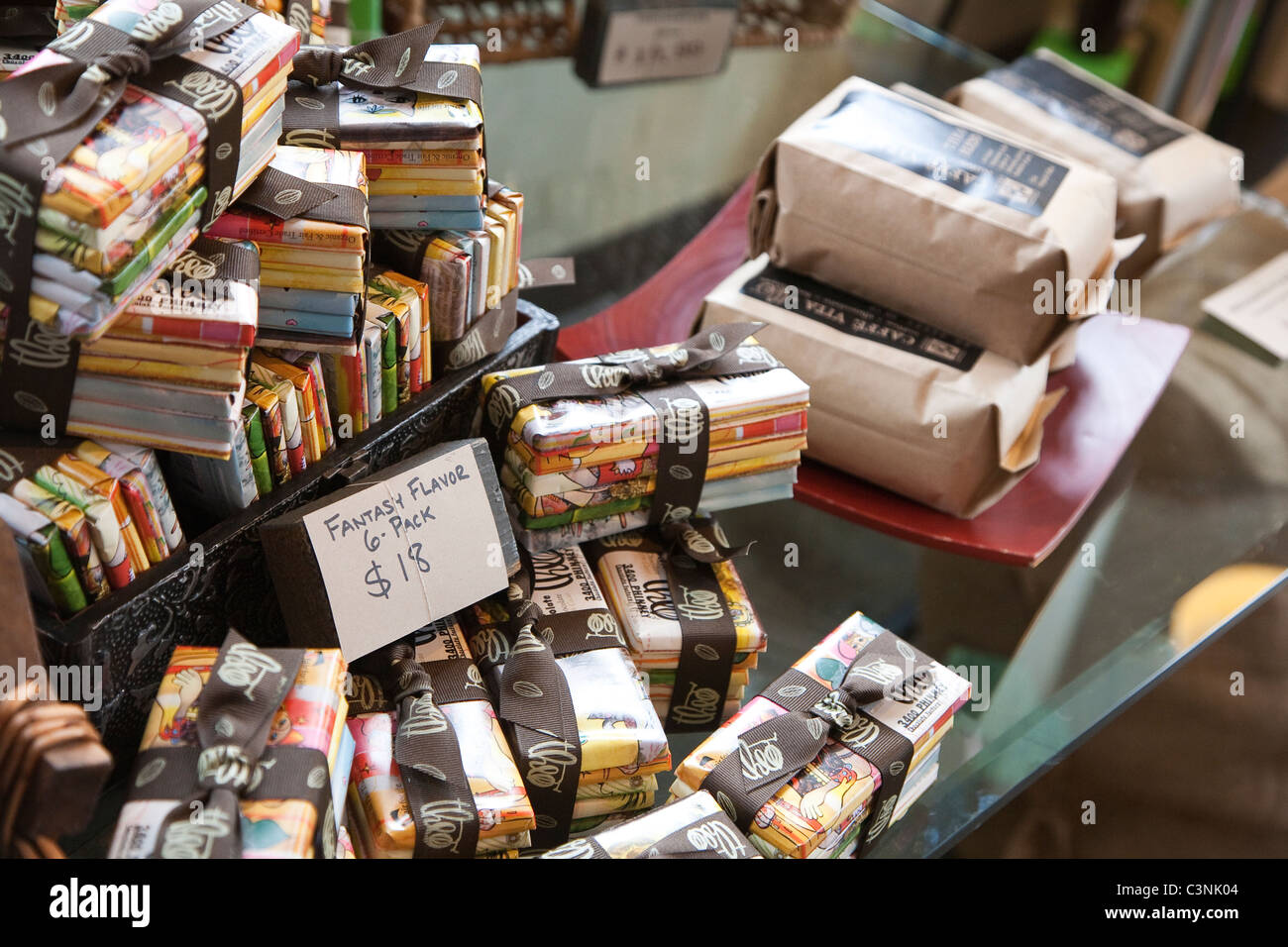 Chocolate bars and coffee for sale at Theo Chocolate Company Stock Photo Alamy