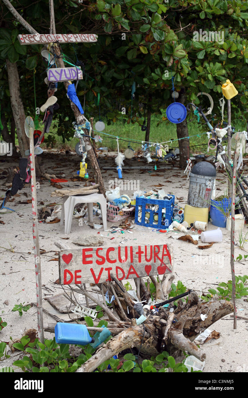 Plastic recycling and sculpture area on the beach. Mal Pais, Puntarenas, Costa Rica, Central America Stock Photo