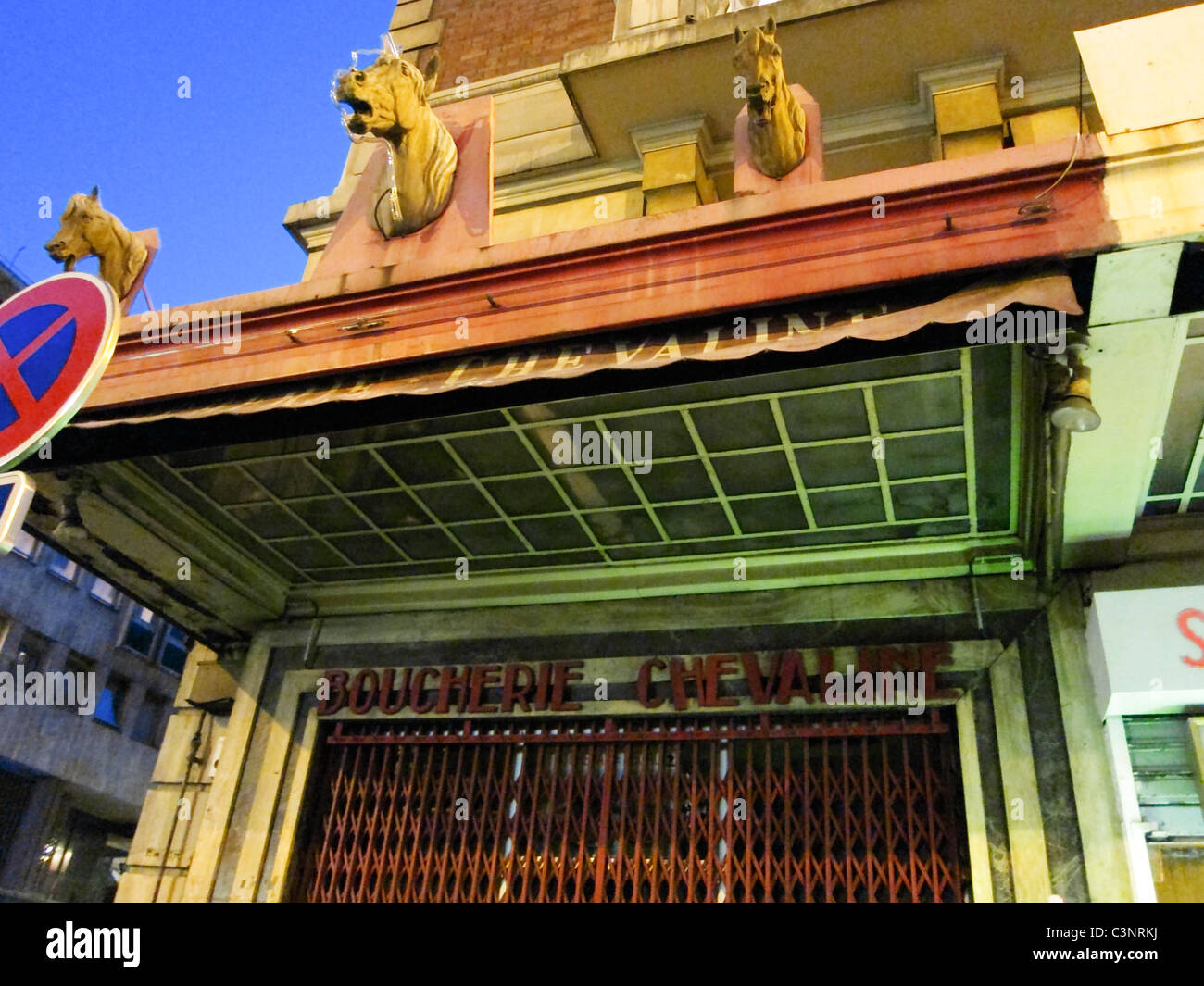 Paris, France, French Butcher Shop Front, Sign, Horse Meat, Dusk