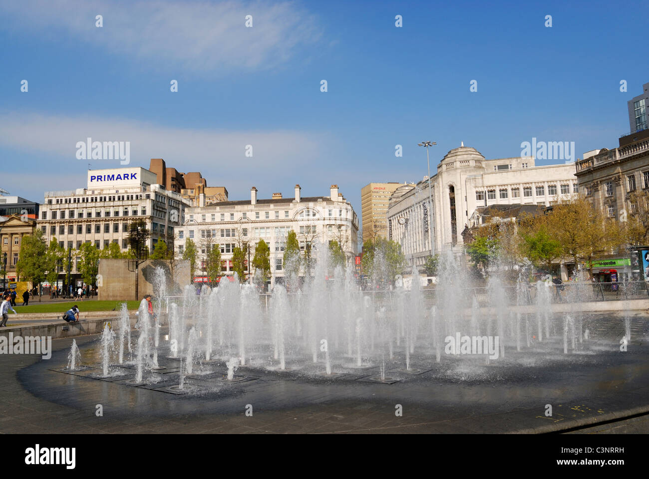 Piccadilly Gardens and surrounding buildings in Manchester. Stock Photo