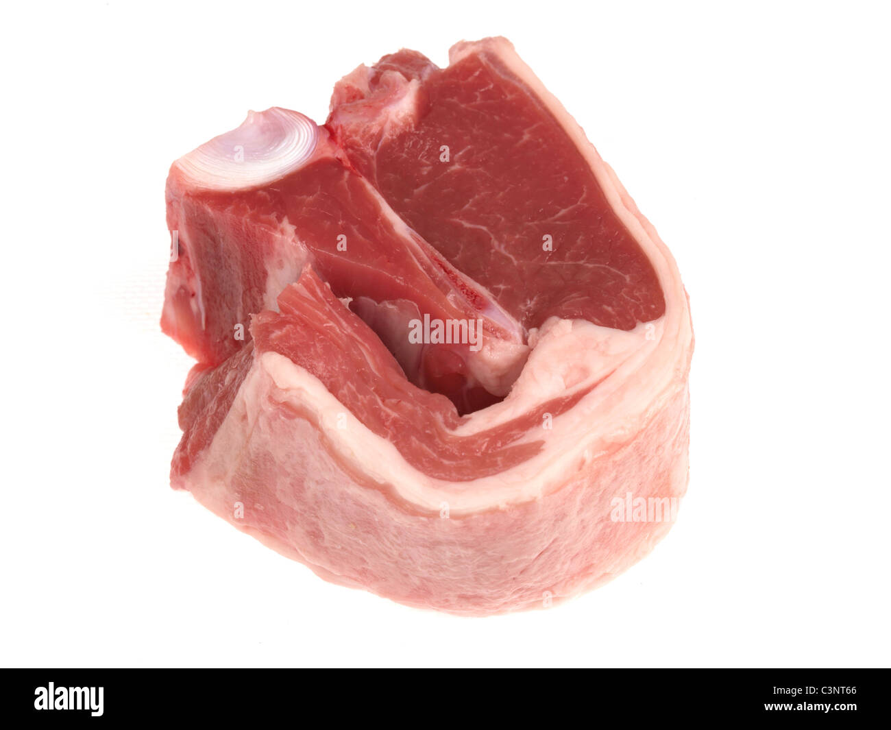 Fresh Uncooked Single Lamb Chop Against a White Background With No People And Copy Space Stock Photo