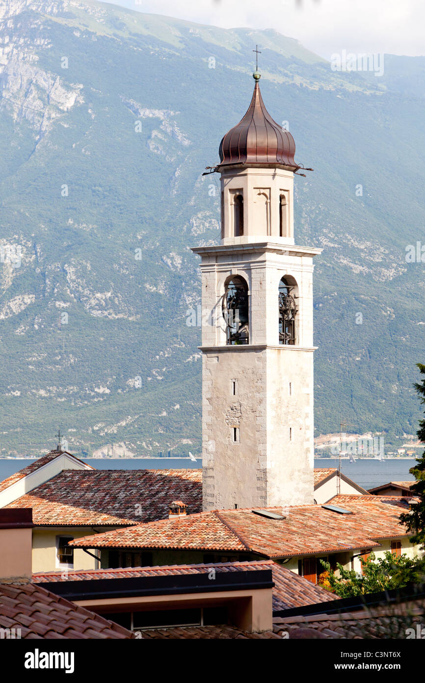 Church tower in Limone sul Garda Lake Garda Italy Stock Photo