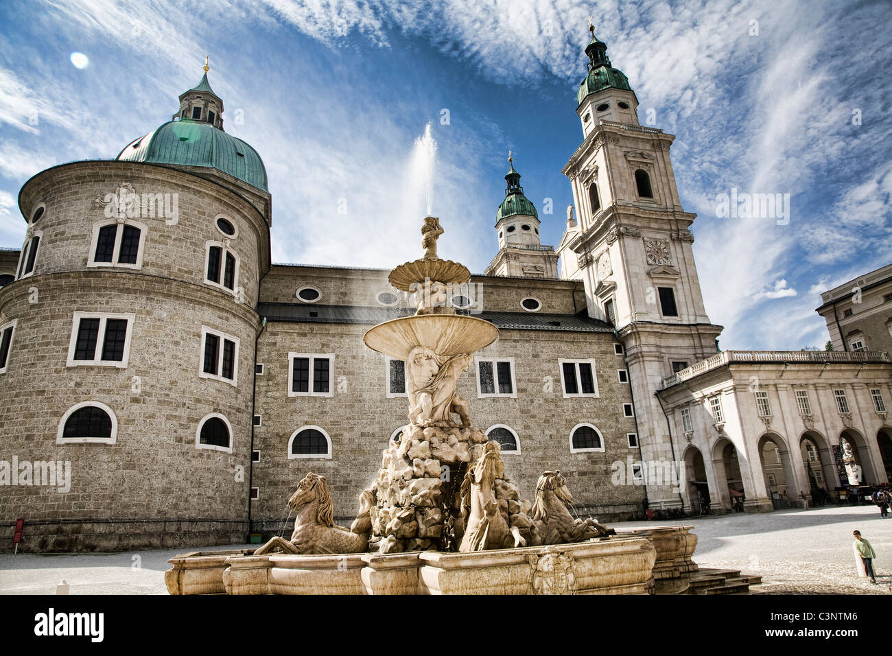 The Salzburg Cathedral and fountain in Residence Square. Austria. Stock Photo