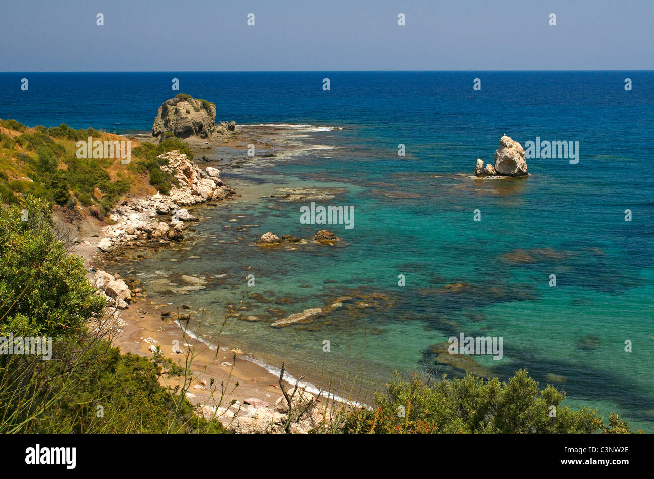 The wild, rugged and empty coastline between Latsi and the Baths of Aphrodite on the west coast of the Akamas Peninsula Stock Photo