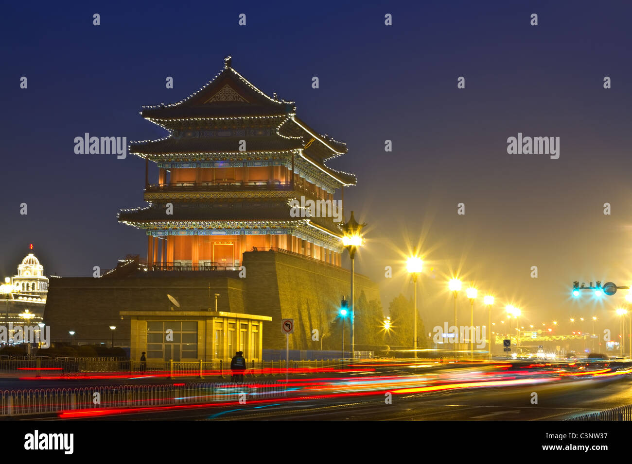 Night scene of ancient tower, qianmen, forbidden city Stock Photo
