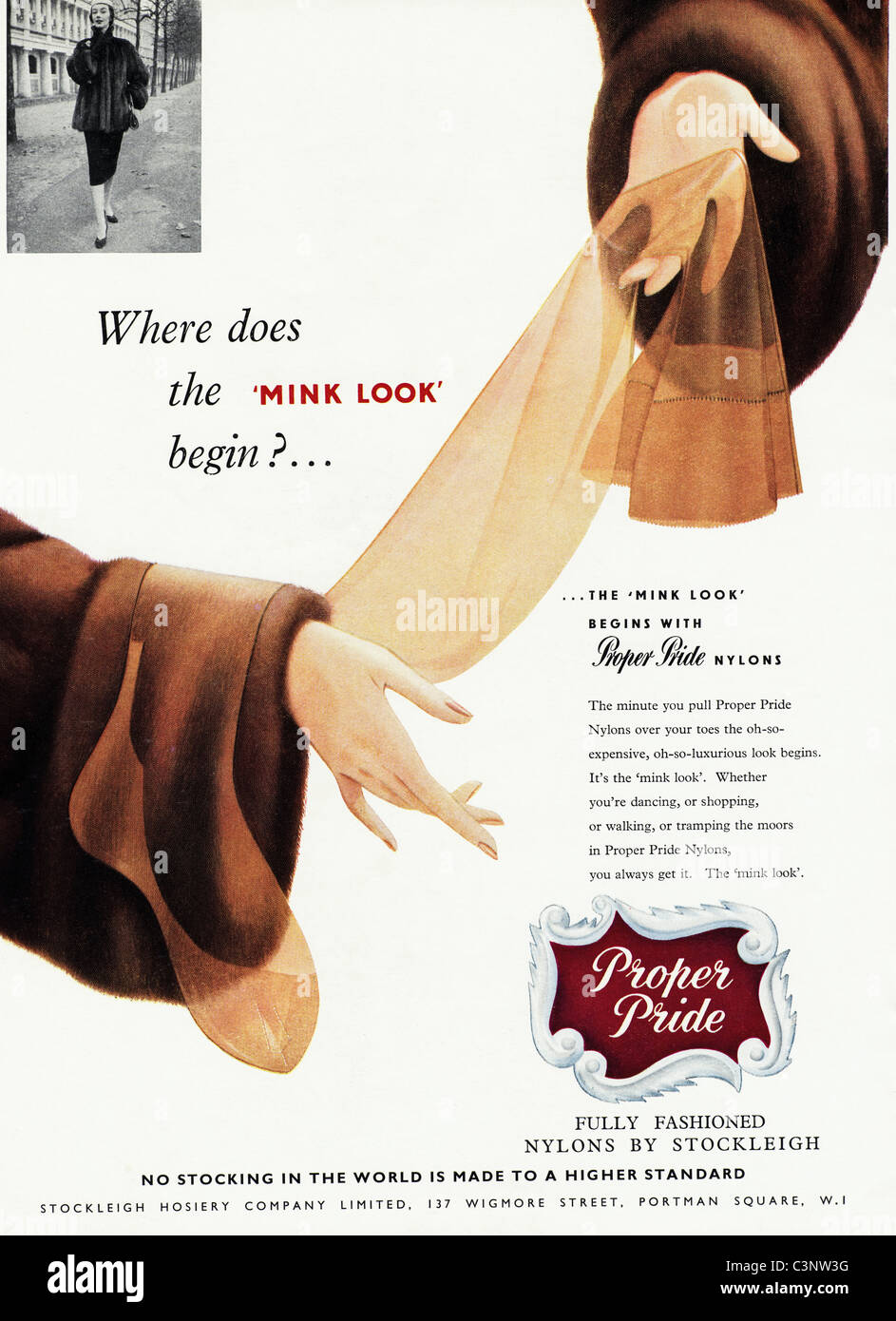 Original full page advertisement in fashion magazine circa 1955 for PROPER PRIDE nylons ladies stockings Stock Photo
