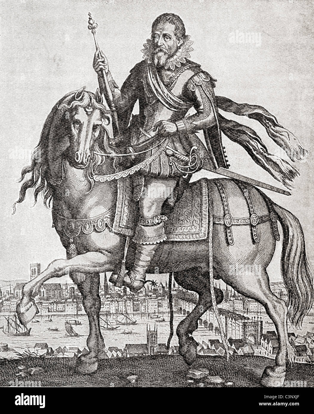 James I on horseback, with a view of London behind. Stock Photo