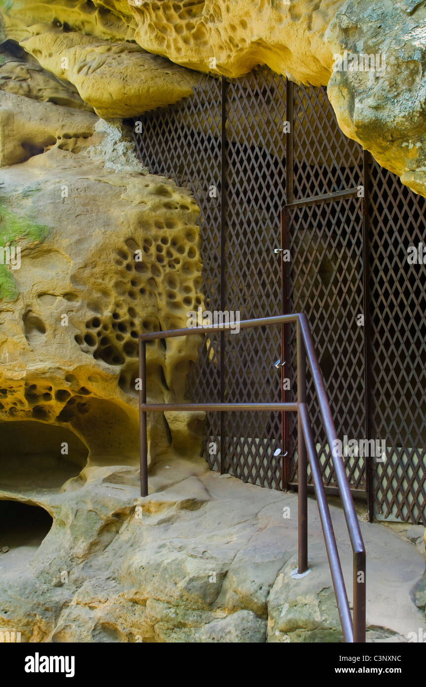 Gated entrance protecting Cachuma Indian cave paintings, Painted Cave State Historic Landmark, near Santa Barbara, California Stock Photo