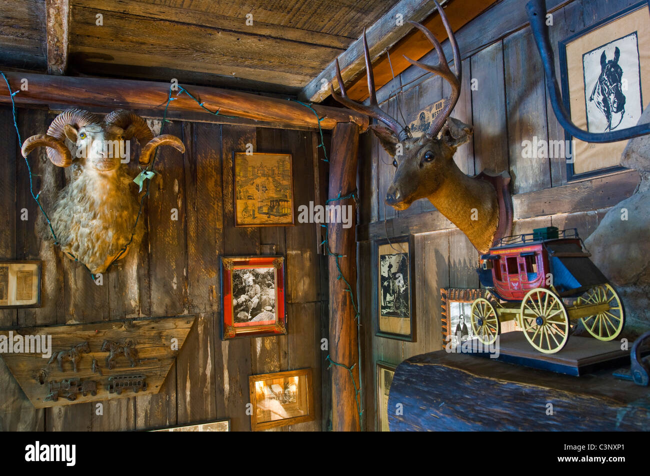 Rustic interior of the Cold Springs Tavern, on the historic stage coach route between Santa Ynez and Santa Barbara, California Stock Photo