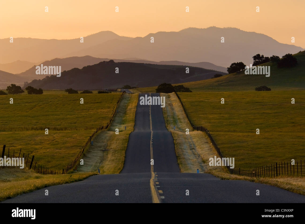Golden sunrise light over long straight two lane country road and