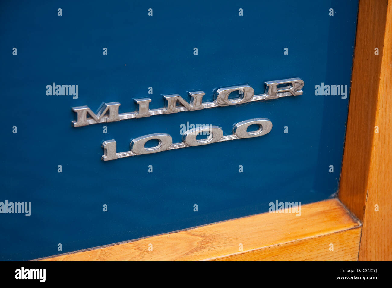 Minor 1000 badge on rear door of Morris Minor Traveller car Stock Photo
