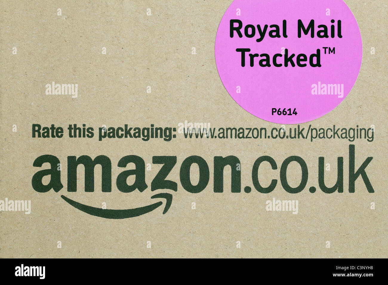 A postage box from amazon.co.uk tracked by Royal Mail, UK Stock Photo