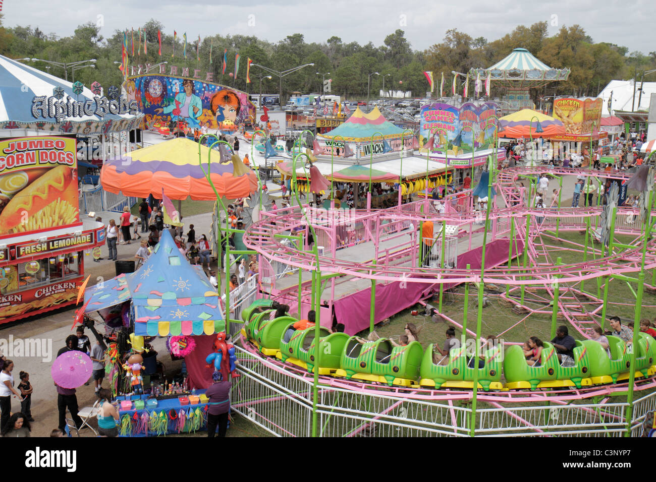 Plant City Florida,Florida Strawberry Festival,event,carnival,midway,rides,food,roller coaster,visitors travel traveling tour tourist tourism landmark Stock Photo