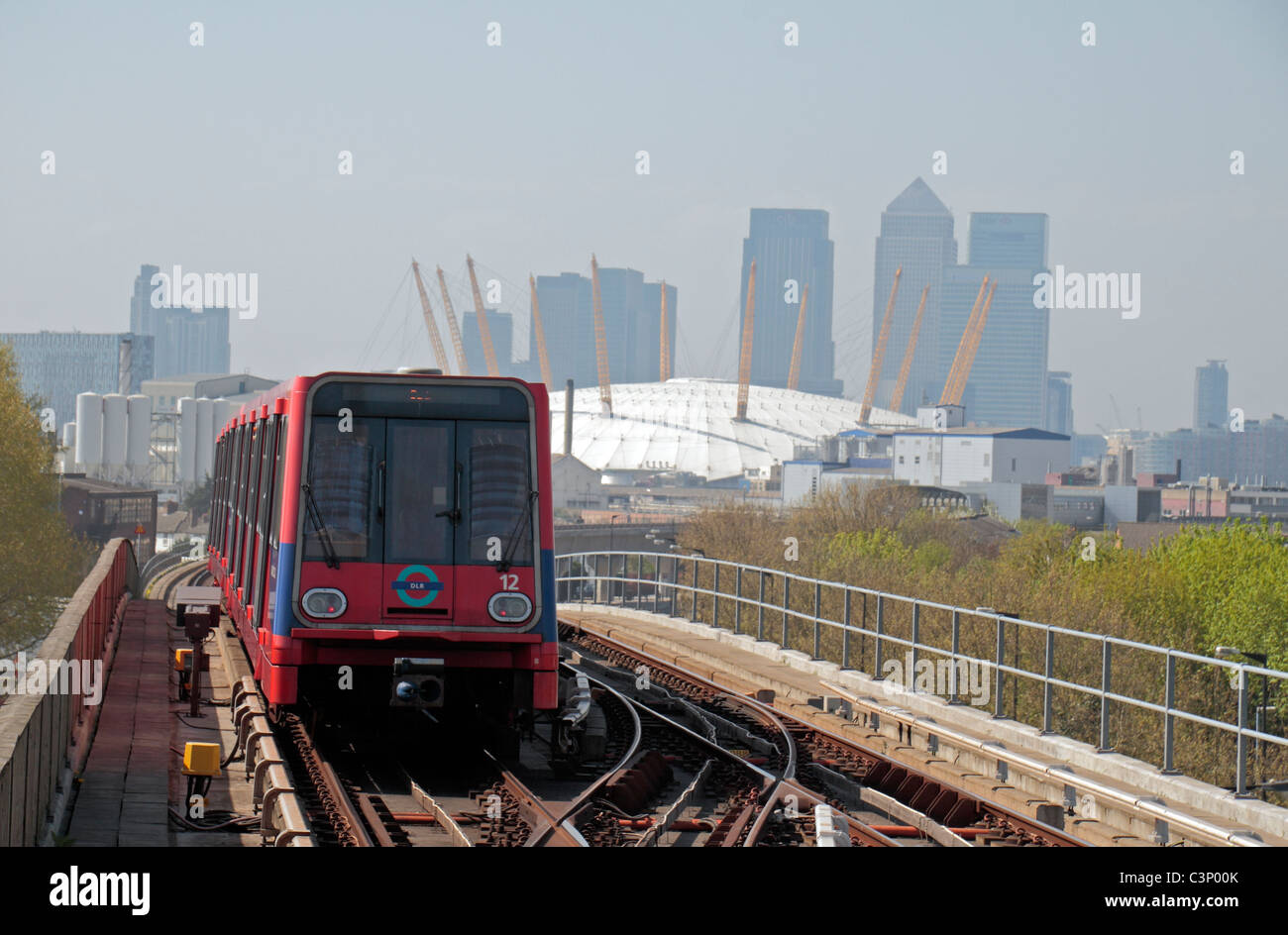 A Docklands Light Railway (DLR) train arriving at Pontoon Dock station, London, UK. Stock Photo