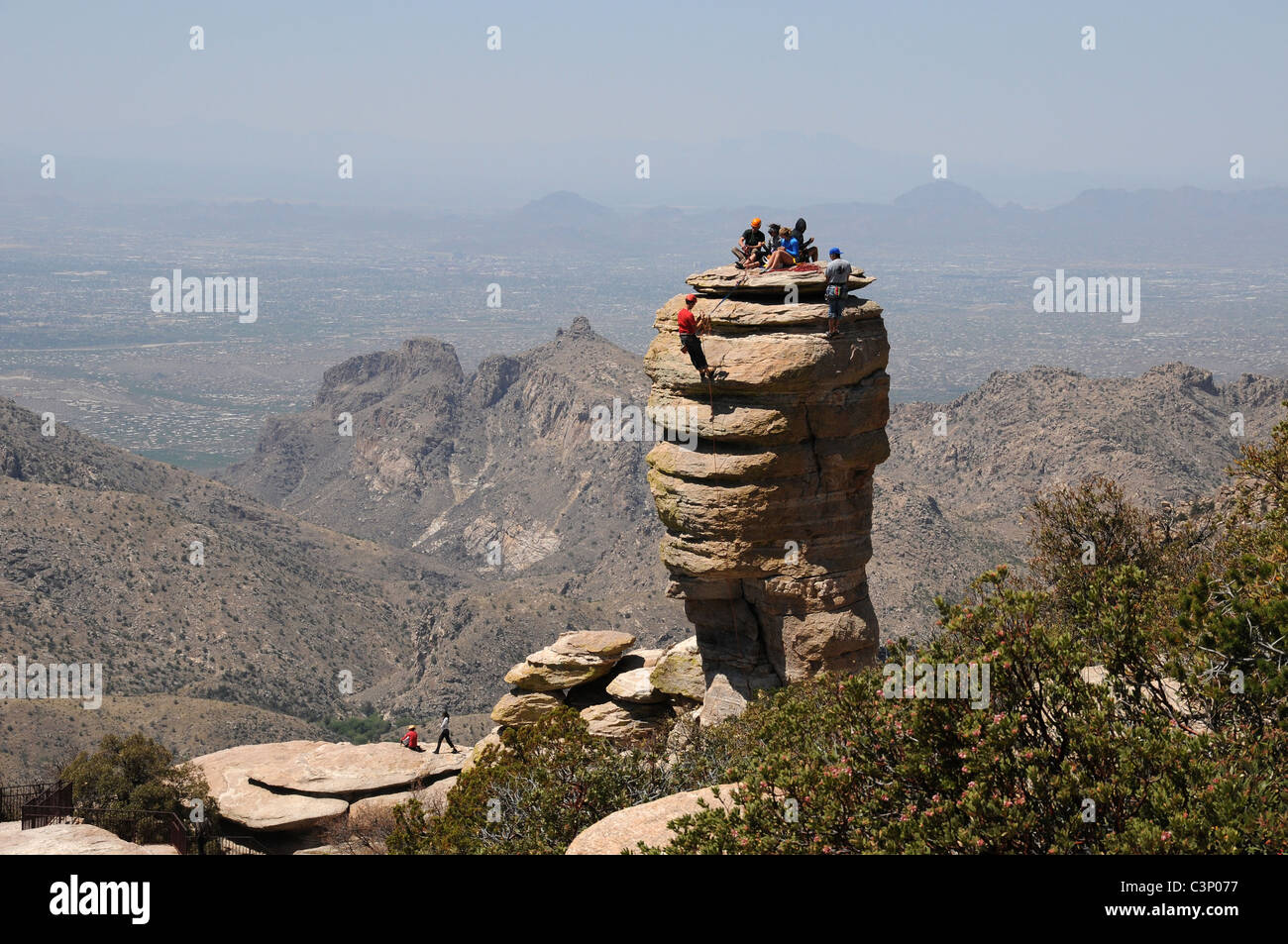 Rock climbers at the Hitchcock Pinnacle at Windy Point Vista on Mount