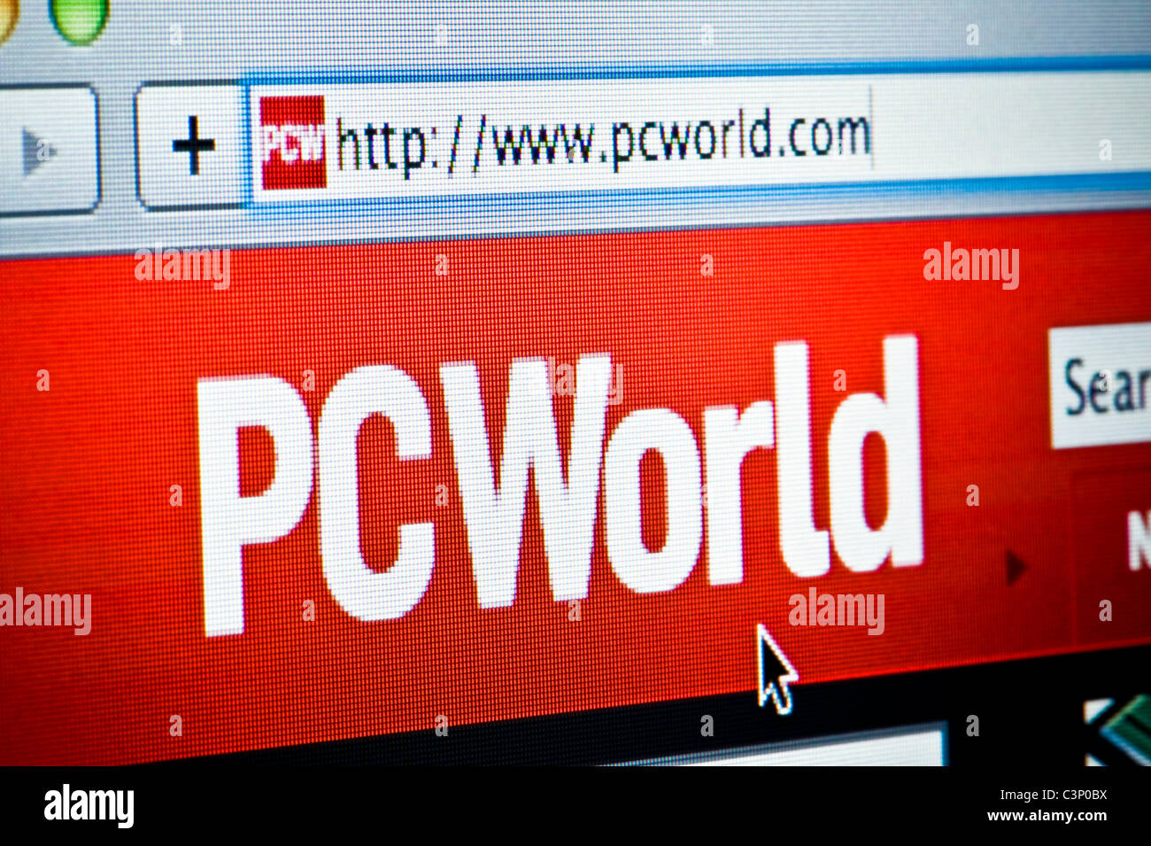 Close up of the PC World logo as seen on its website. (Editorial use only: print, TV, e-book and editorial website). Stock Photo