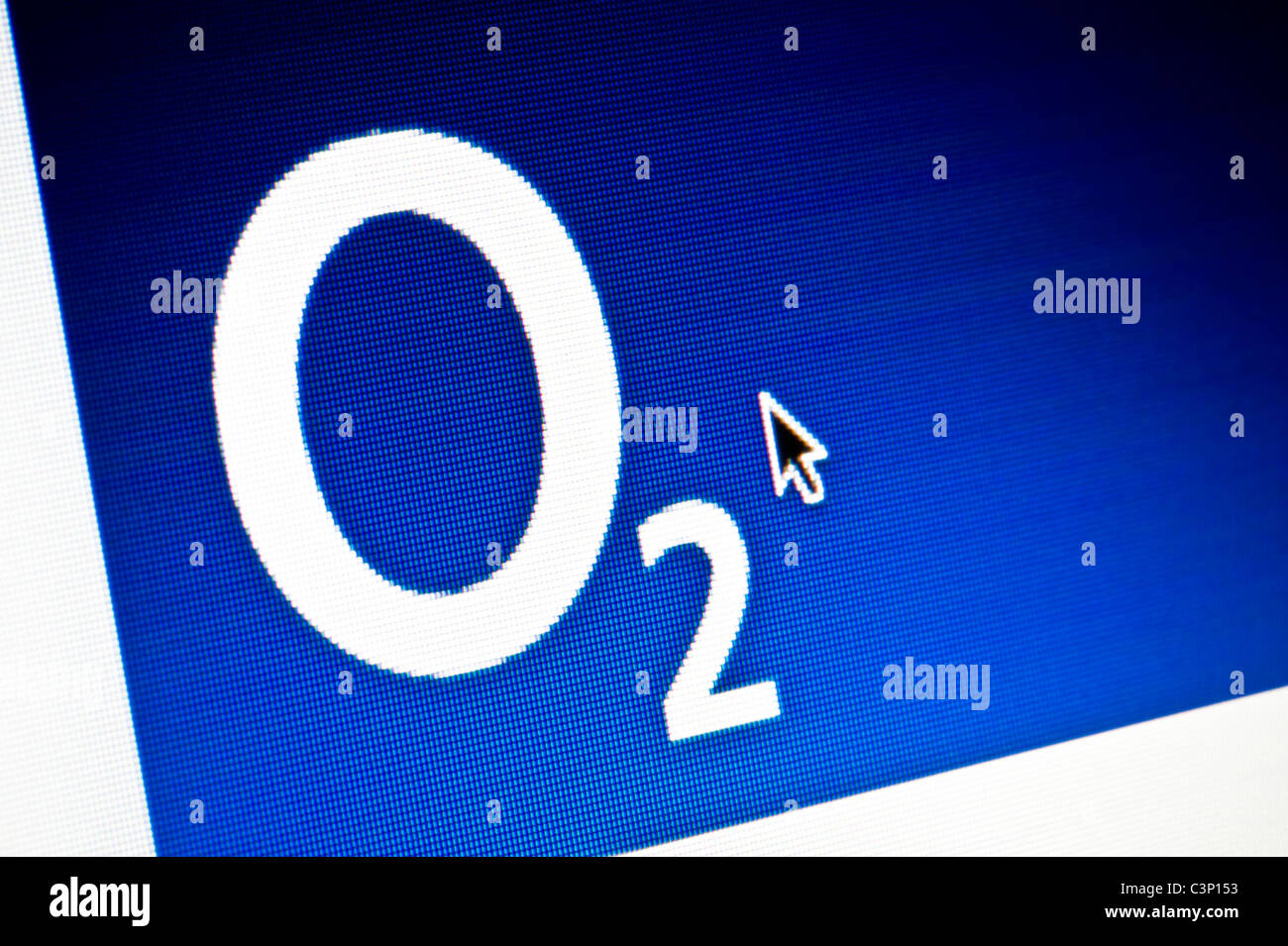 Close up of the O2 logo as seen on its website. (Editorial use only: print, TV, e-book and editorial website). Stock Photo