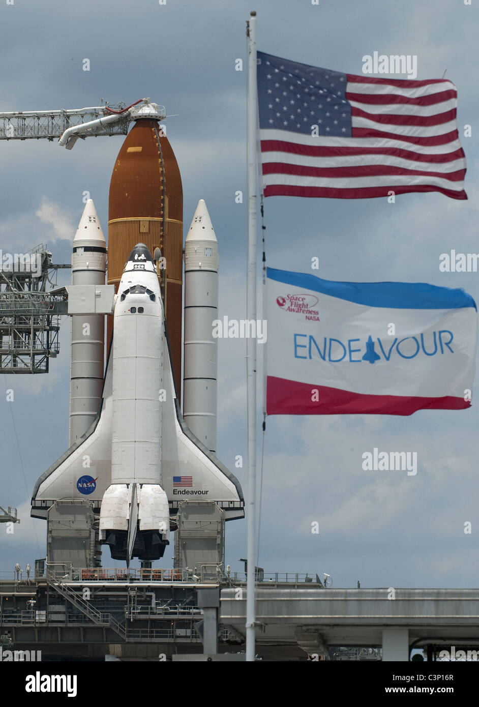 Space shuttle Endeavour on the launch pad at Kennedy Space Center, FL ...