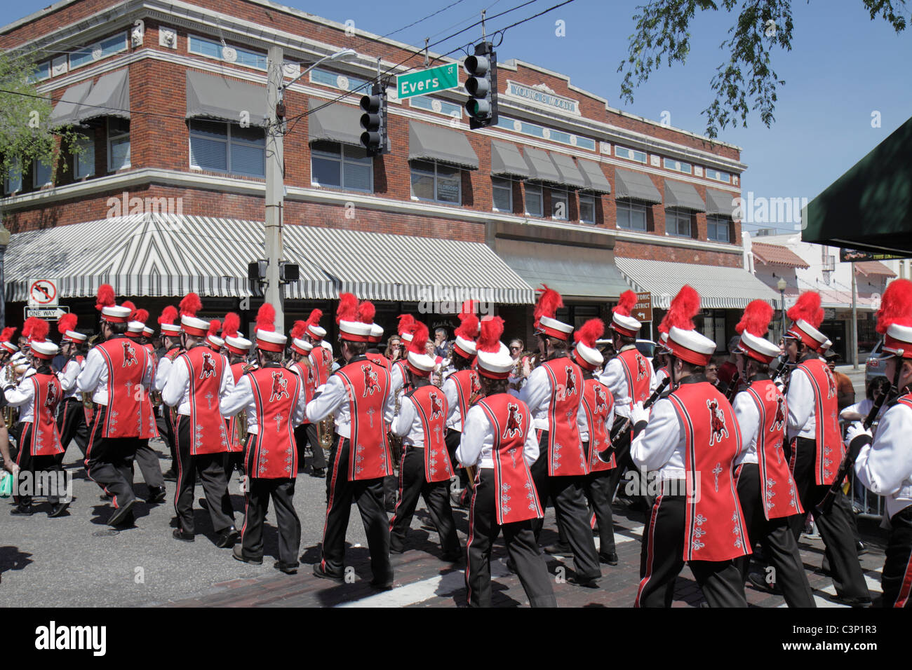 Plant City Florida,South Evers Street,Florida Strawberry Festival,Grand Parade,high school band,marching,teen teens teenage teenager teenagers youth a Stock Photo
