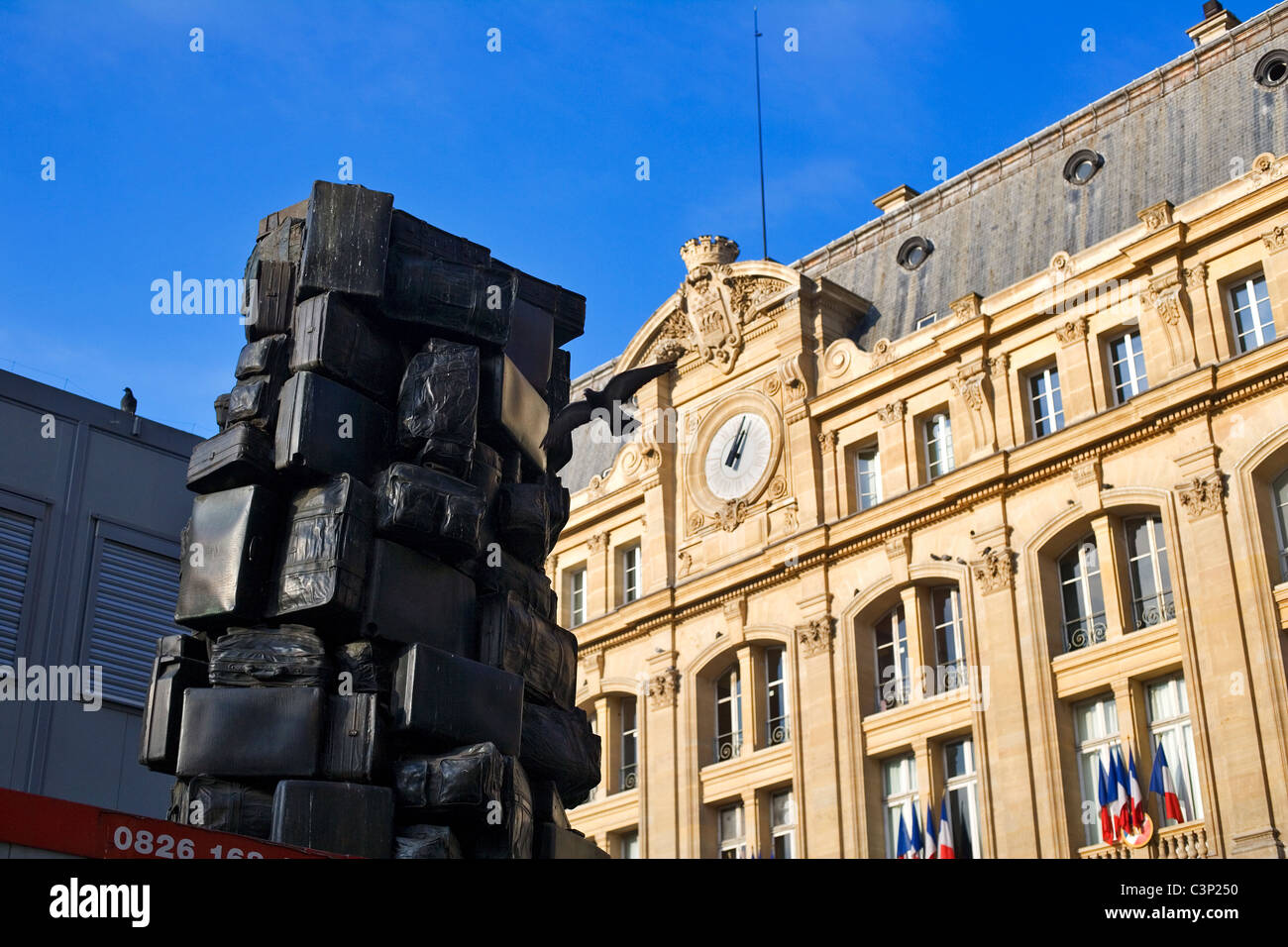 Gare Saint Lazare, exterior with artwork of old suitcases, Rail station terminal, Paris, France Stock Photo