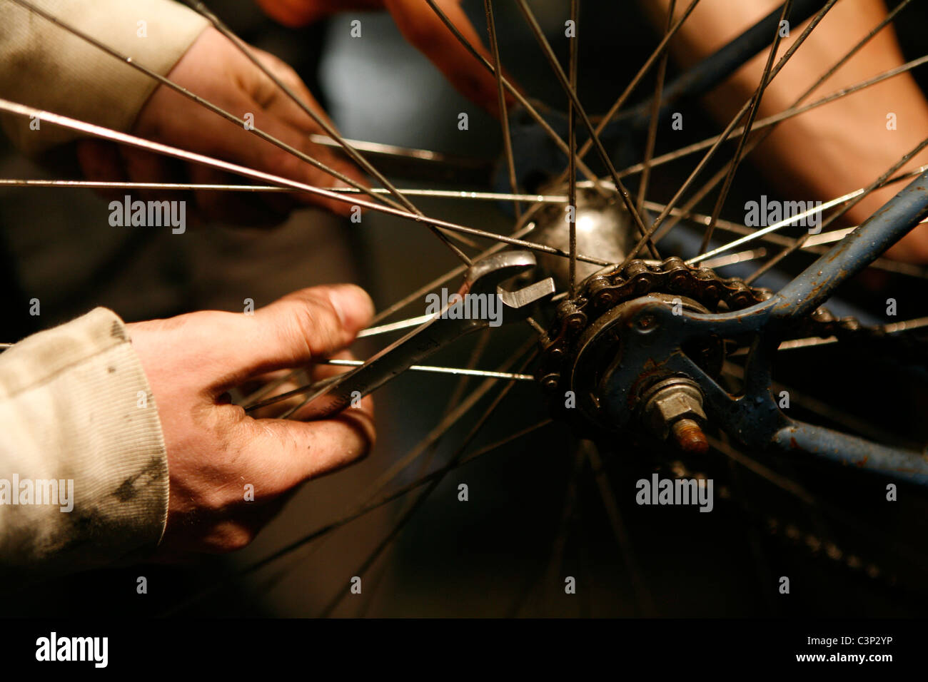 bloomington bike project fixing bicycle spokes hand repairing rear gear