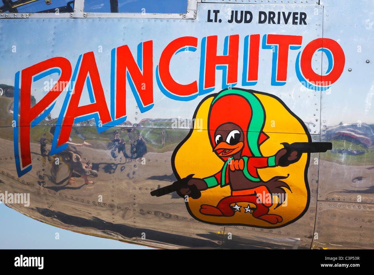 The Panchito cartoon nose art on a classic veteran USAF bomber - The North American B25 Mitchell Stock Photo