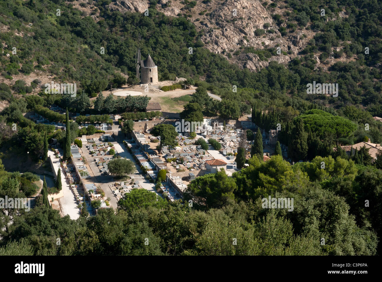 The graveyard and windmill at Grimaud Stock Photo - Alamy