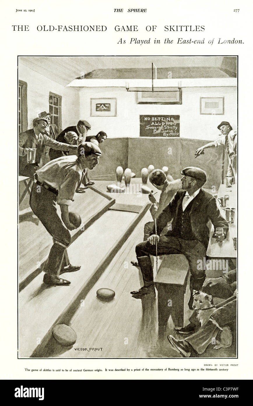 Pub Skittles, illustration of the old-fashioned game as played in a pub alley in the East End of London Stock Photo