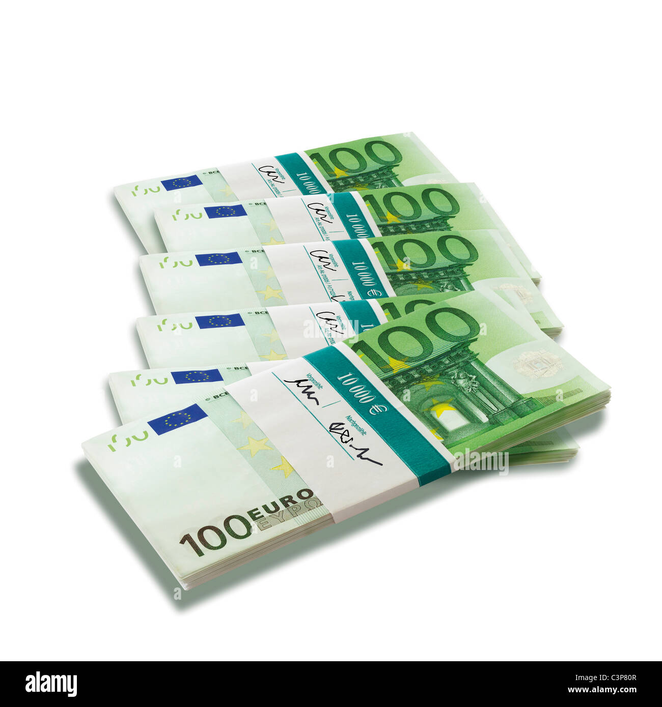 Bunches of 100 Euro notes on white background Stock Photo