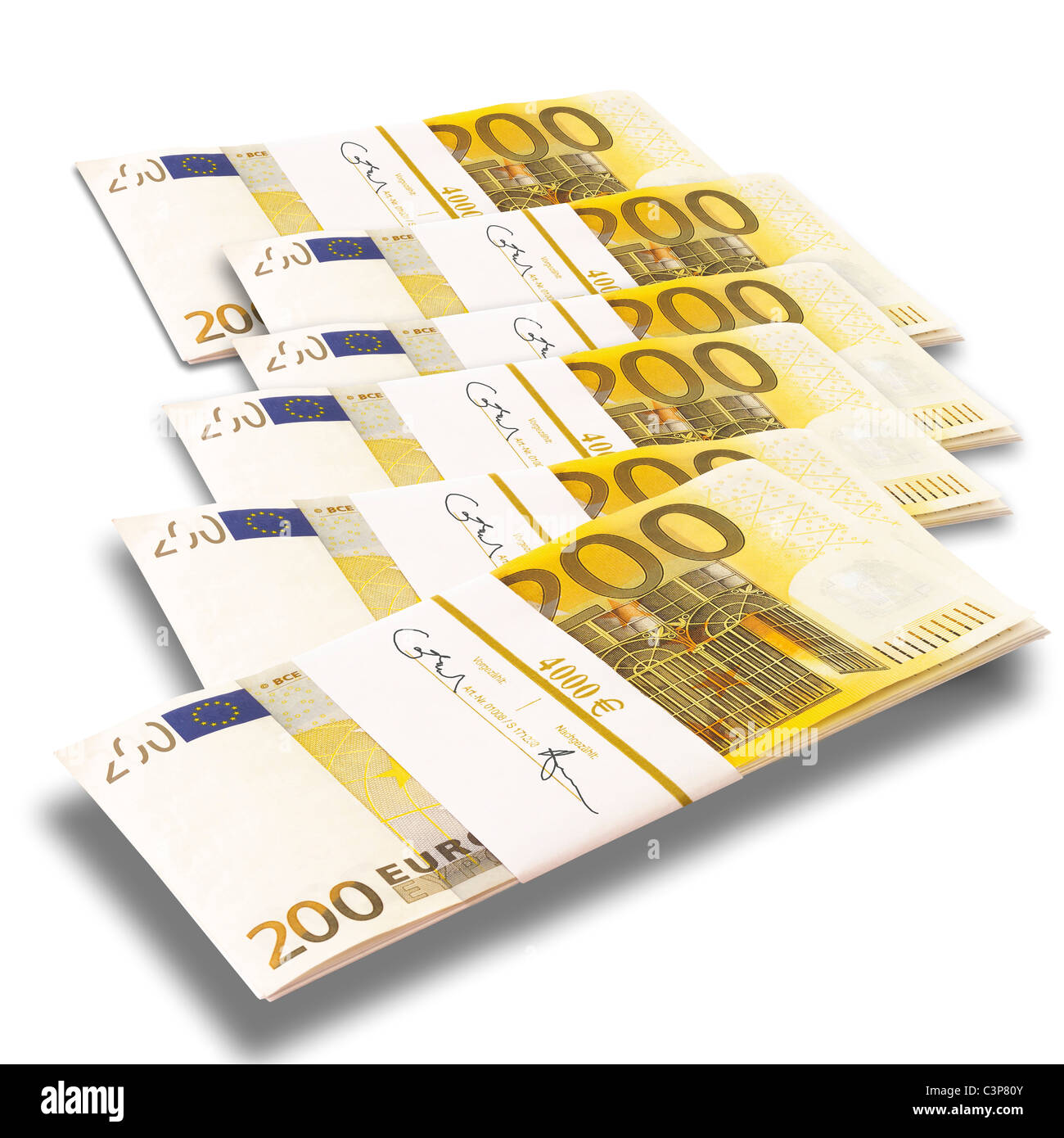 Bunches of 200 Euro notes on white background Stock Photo