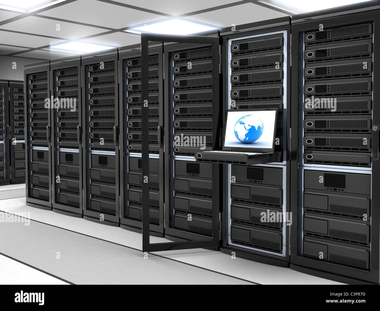 Modern Server-room (done in 3d,black) Stock Photo
