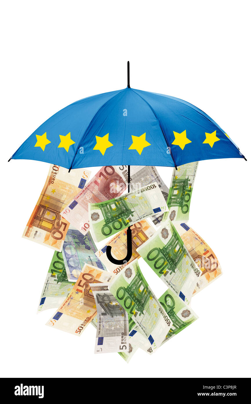 Euro banknotes under umbrella against white background Stock Photo