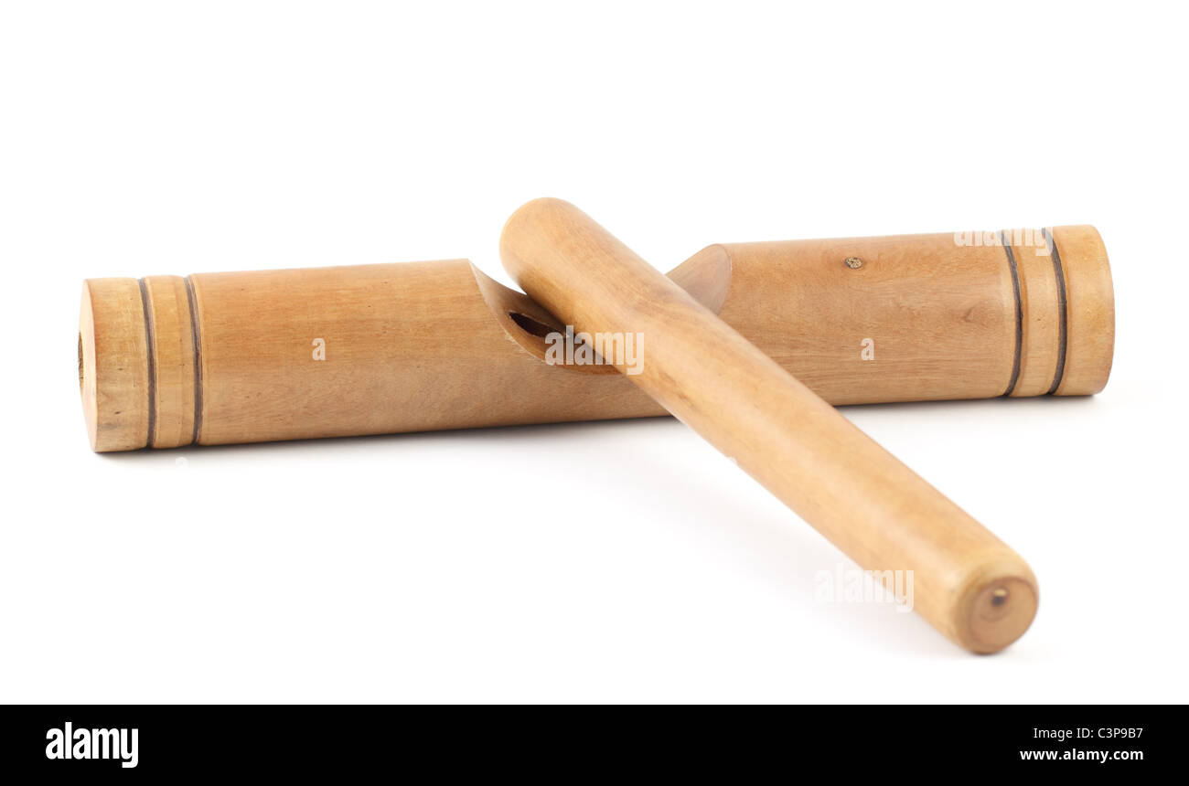 Wooden claves isolated on a white background. Stock Photo