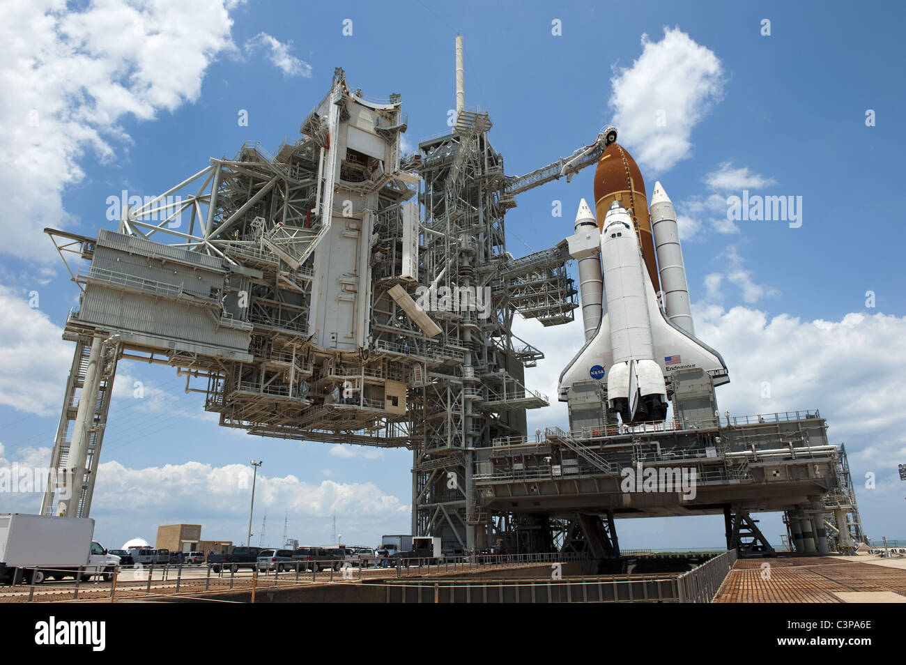 Space shuttle Endeavour on the launch pad at Kennedy Space Center, FL ...