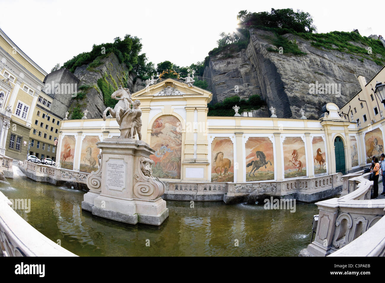 Austria, Salzburg, View of horse pond in Herbert-von-Karajan Square Stock Photo