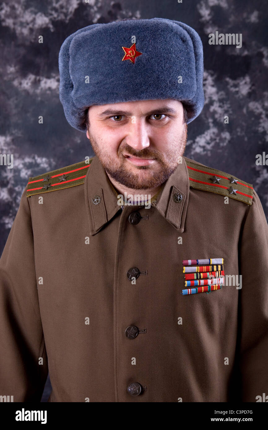 young man dressed as russian military, studio Stock Photo