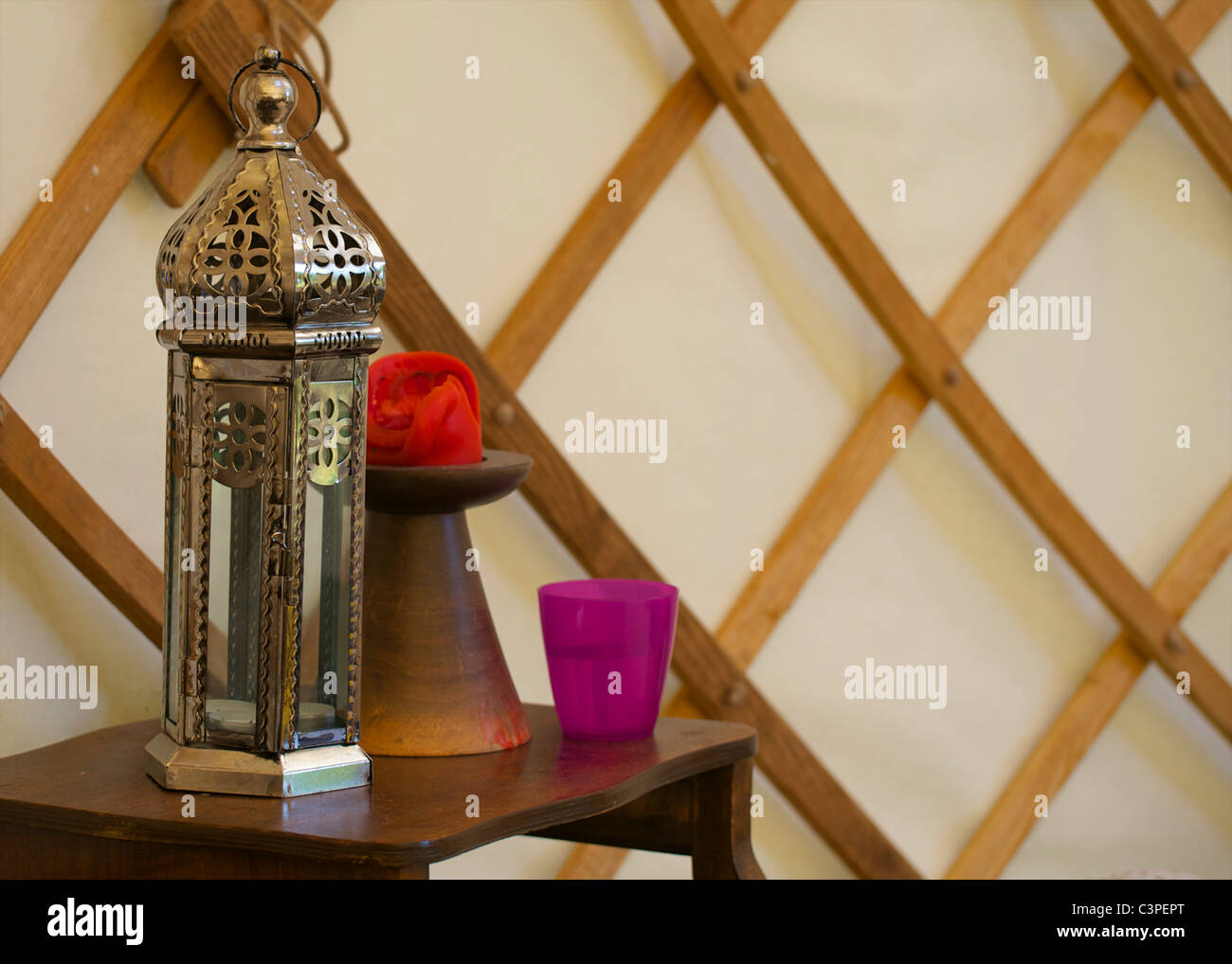 Candles inside a yurt. Stock Photo