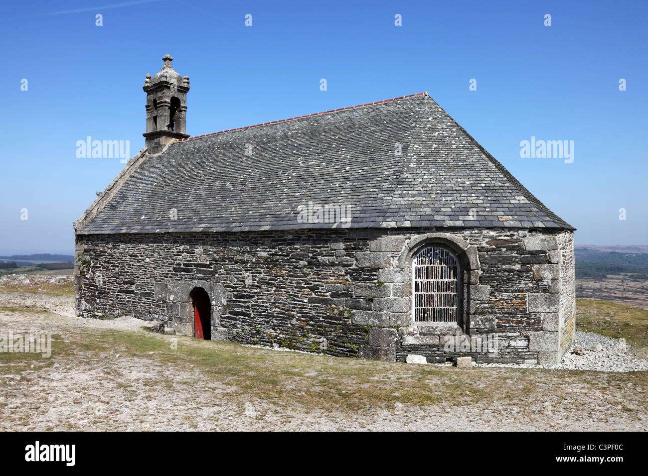The Chapel of Saint-Michel on the Mountain of Saint Michel Brasparts in the Monts D'Arrée Finisterre Brittany France Stock Photo