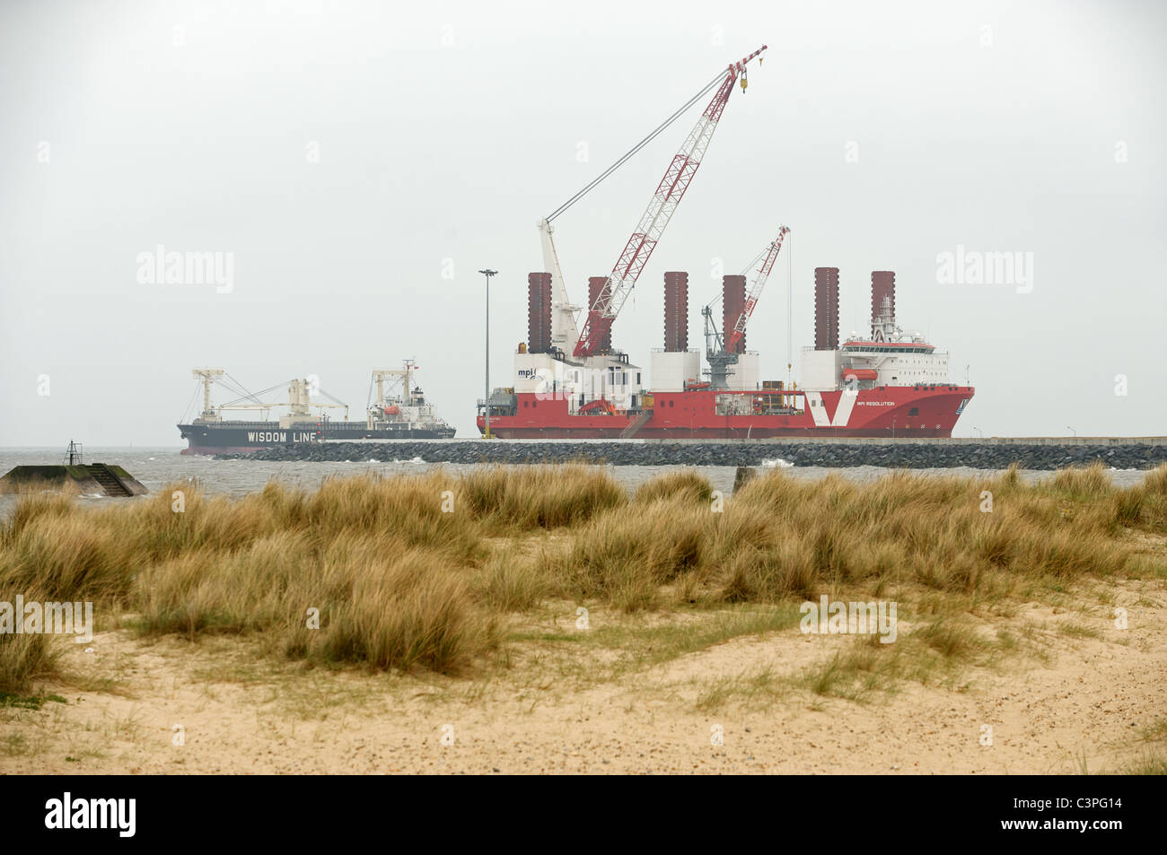 MPI Resolution, wind turbine installation vessel, Great Yarmouth, Norfolk, UK. Stock Photo