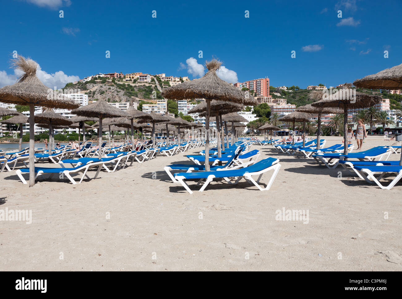 Santa Ponca, Calvia Municipality, Mallorca, Balearic Islands, Spain. Post season photograph with sunloungers. Stock Photo