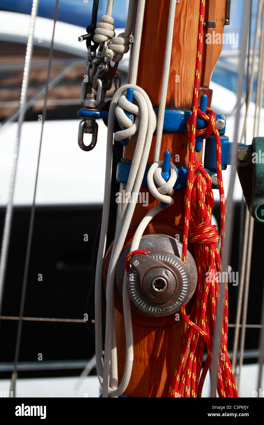 Winch detail on a sailboat deck Stock Photo Alamy