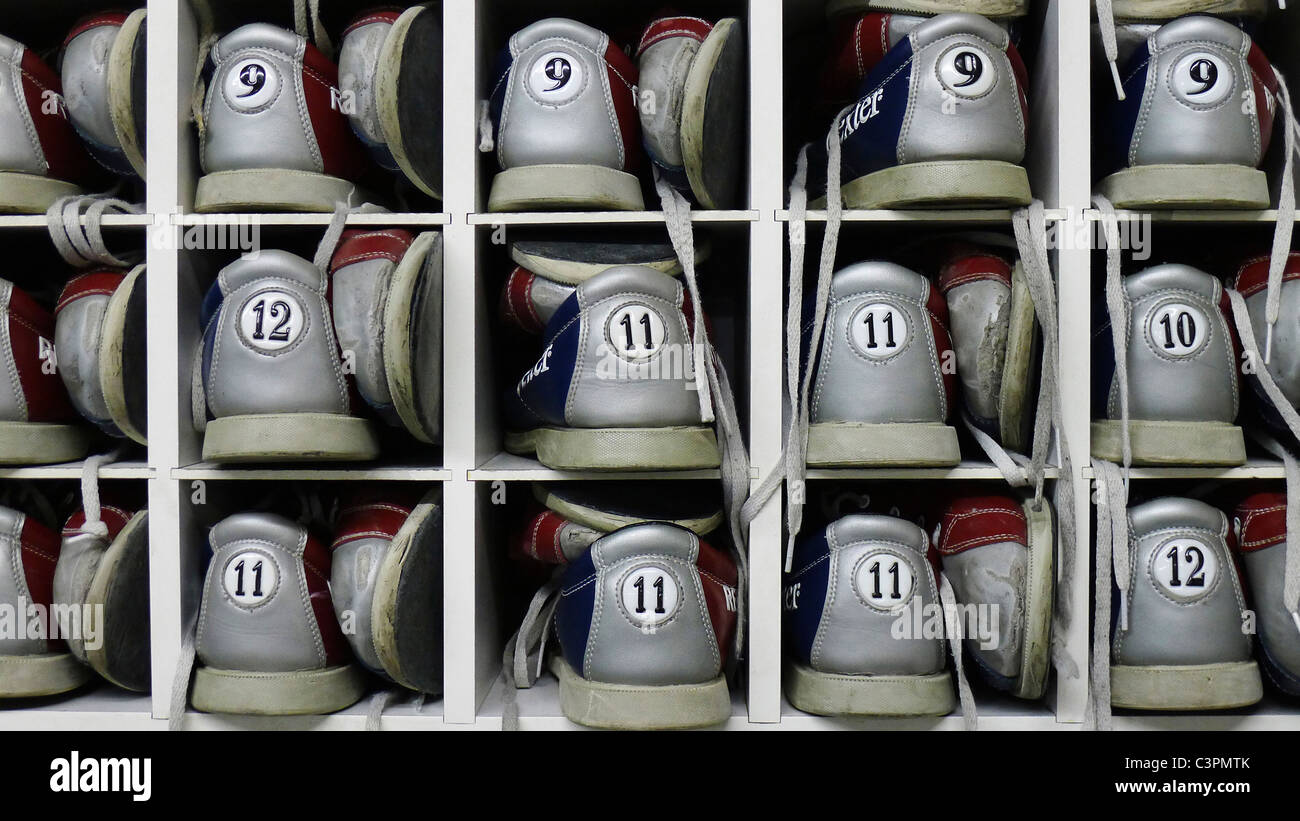 Collection of numbered bowling shoes. Stock Photo