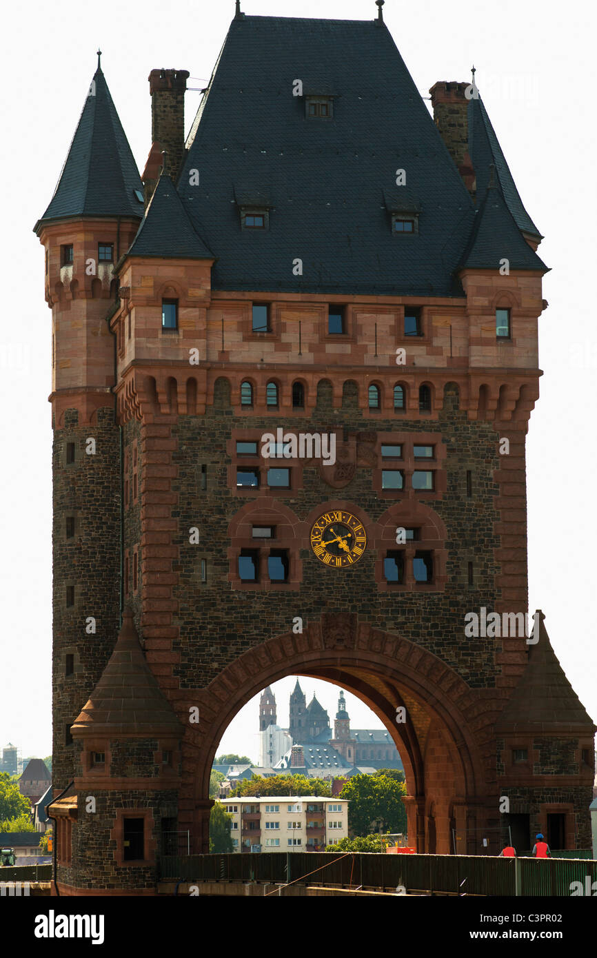 Germany, Background people at historic city gate Stock Photo