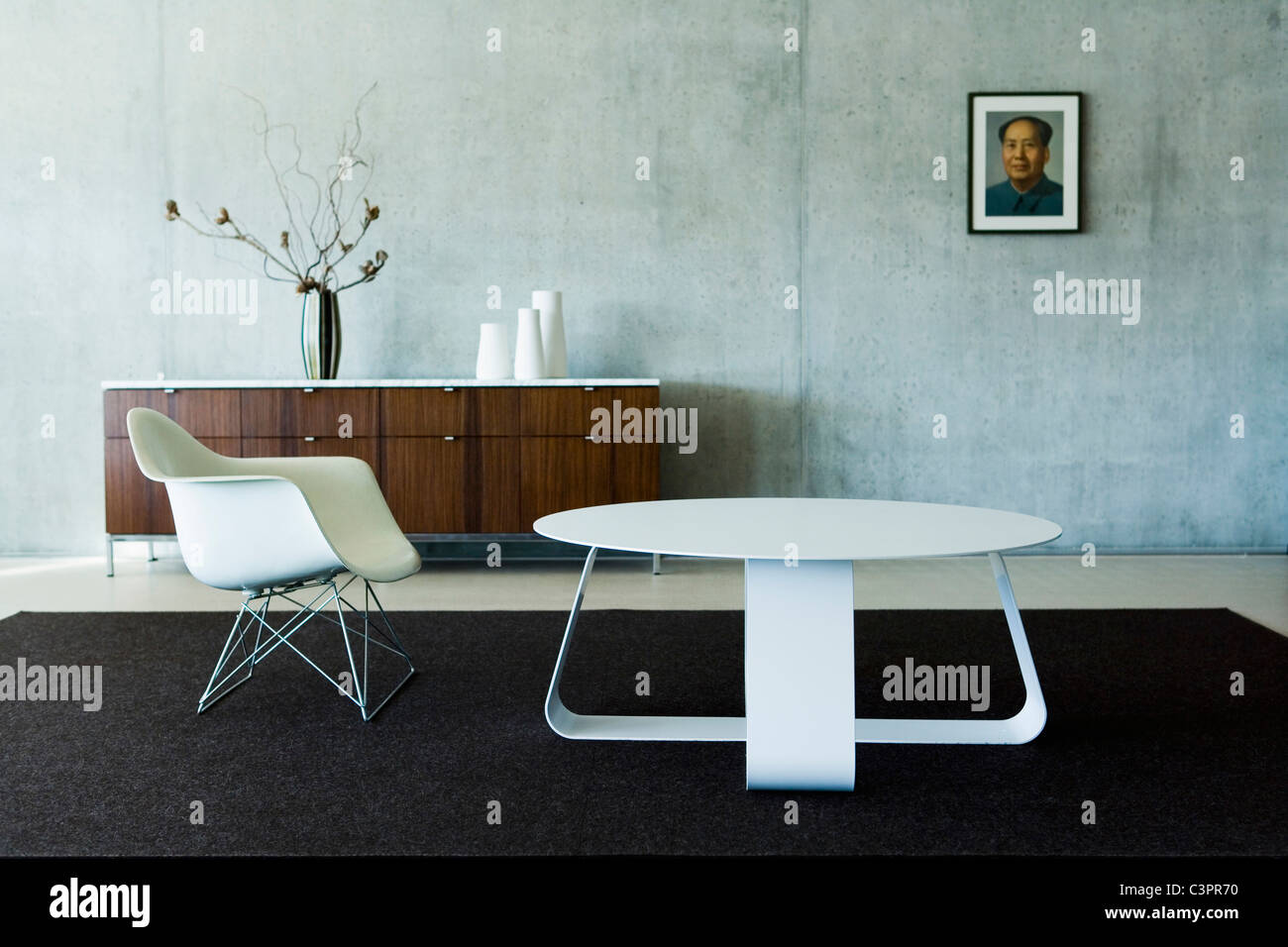 Switzerland, Wintertur, Designer chair and designer table in living